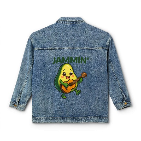 Jammin' Funny Cute Kawaii Avocado Playing Guitar Classic Women's Denim Jackets