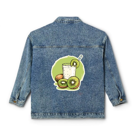 Kiwi fruit and juice with straw illustration Classic Women's Denim Jackets