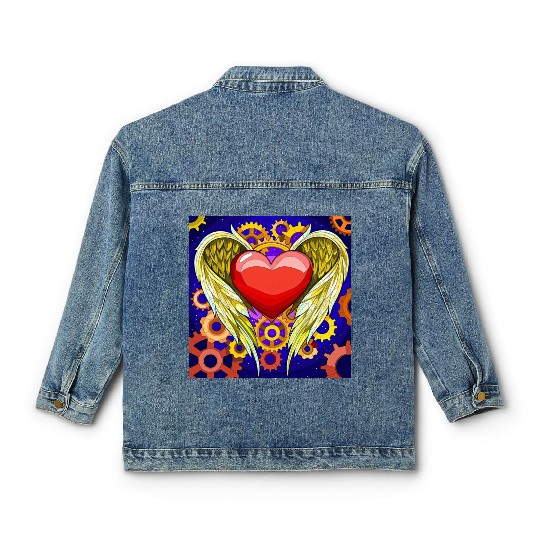 Mechanical Heart with Angel Wings Classic Women's Denim Jackets