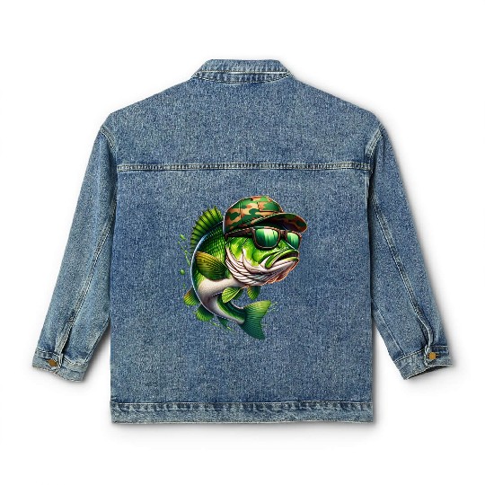 Camo Hat Bass Fish with Green Sunglasses Classic Women's Denim Jackets
