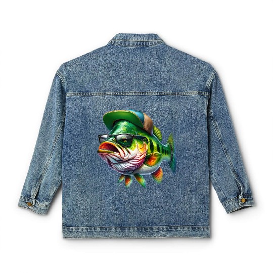 Cool Bass Fish with Green Hat and Glasses Classic Women's Denim Jackets