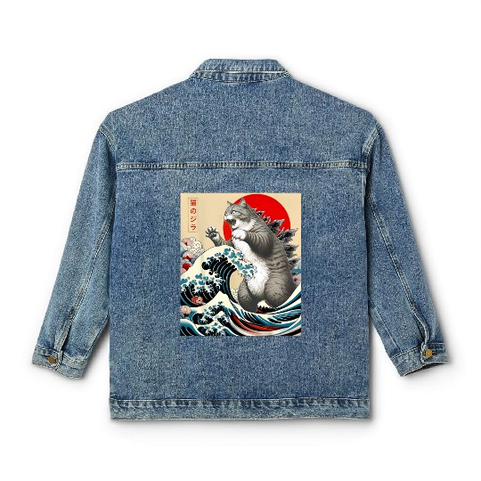 Catzilla Cat Japanese Art Funny Cat Classic Women's Denim Jackets