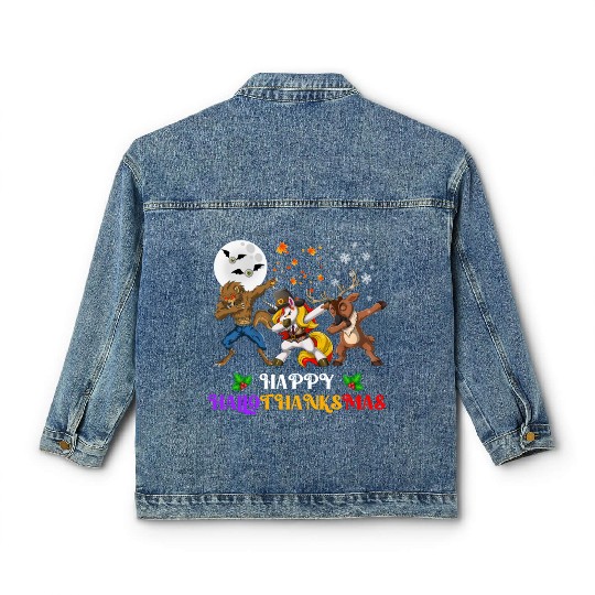 Happy Hallothanksmas Dabbing werewolf Unicorn Deer Classic Women's Denim Jackets