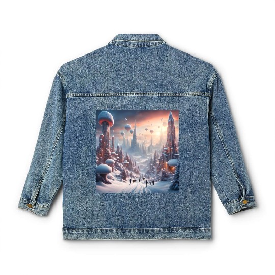 Futuristic Snowy Cityscape with Floating Balloons Classic Women's Denim Jackets
