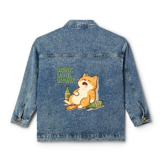 Humorous Cat Drinking Alcohol Meme Design Classic Women's Denim Jackets