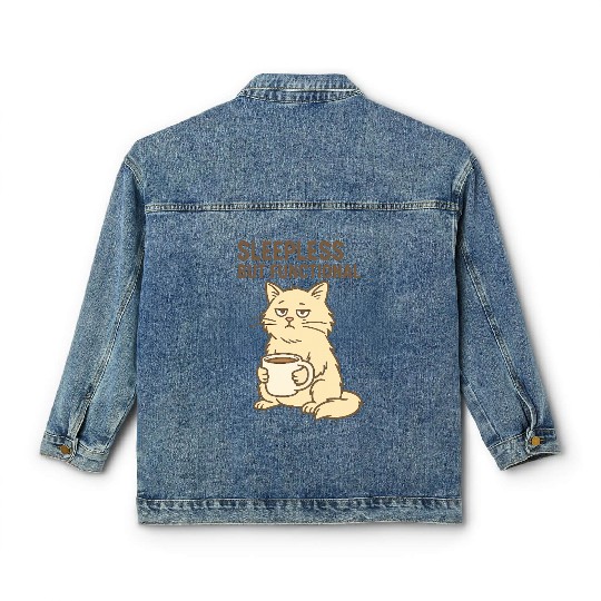Sleepy Cat with Coffee Mug Design Classic Women's Denim Jackets