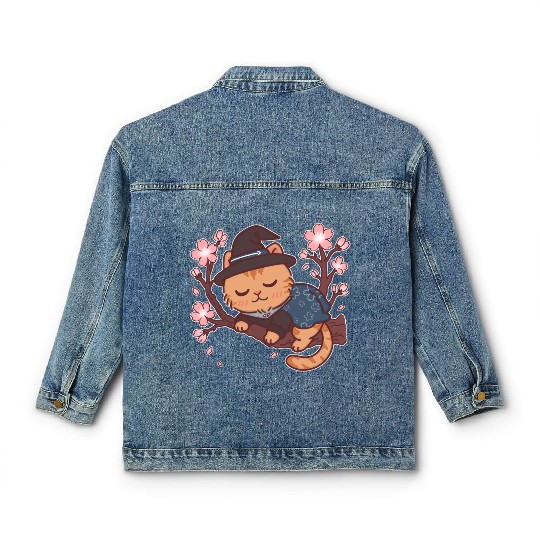 Kawaii Wizard Cat Sleeping on Sakura Tree – Magic  Classic Women's Denim Jackets
