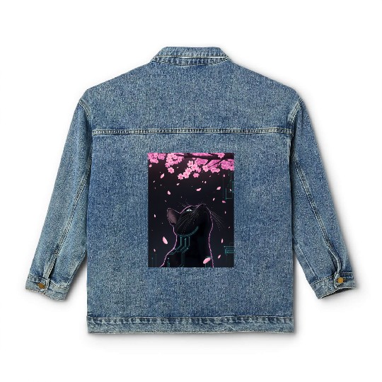 Cyber Cat Blossom Gaze | Noir Futuristic Feline Classic Women's Denim Jackets