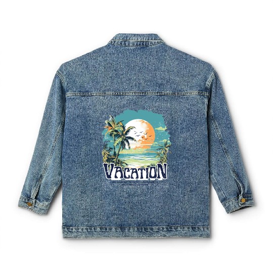 Tropical Sunset Vacation Illustration Classic Women's Denim Jackets