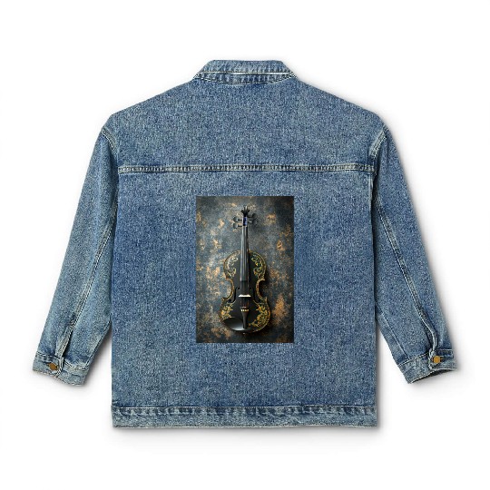 Elegant Black and Gold Violin Classic Women's Denim Jackets