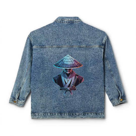 Futuristic Samurai with Neon Hat Classic Women's Denim Jackets