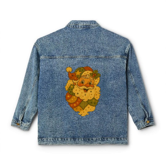 Patchwork Santa Face Vintage Christmas Folk Art Classic Women's Denim Jackets