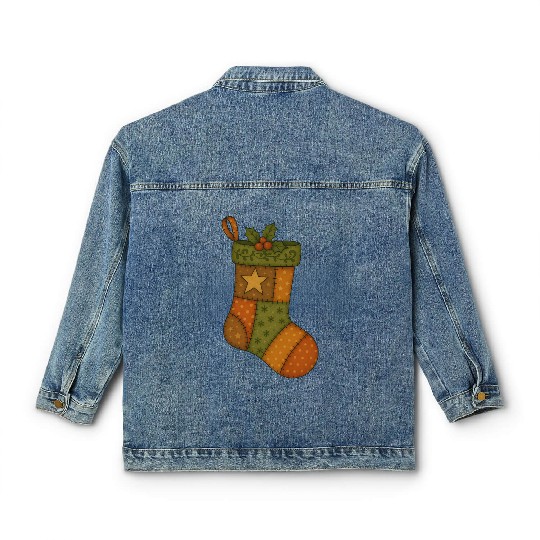 Patchwork Stocking Christmas Vintage Folk Art Classic Women's Denim Jackets