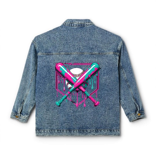 Neon Baseball Bat and Ball Art Classic Women's Denim Jackets