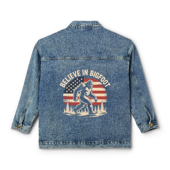 Believe in Bigfoot Patriotic Sasquatch Flag Design Classic Women's Denim Jackets