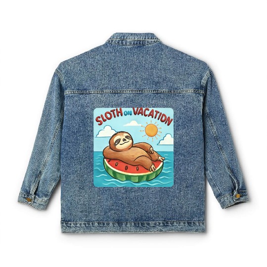 Sloth on Vacation – Watermelon Pool Float Classic Women's Denim Jackets