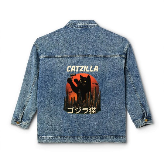 Vintage Catzilla: Funny Cat Monster Classic Women's Denim Jackets