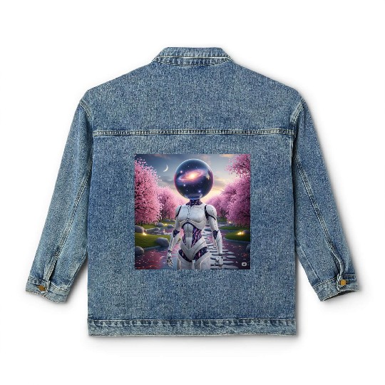 Futuristic Robot in Cherry Blossom Paradise Classic Women's Denim Jackets
