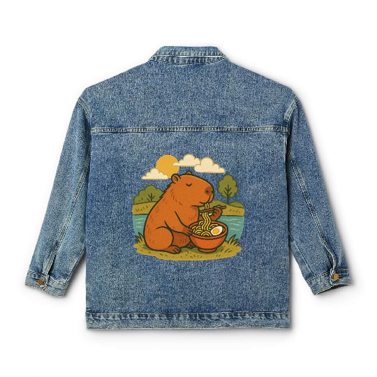 Bear Enjoying Ramen by the Lake Classic Women's Denim Jackets