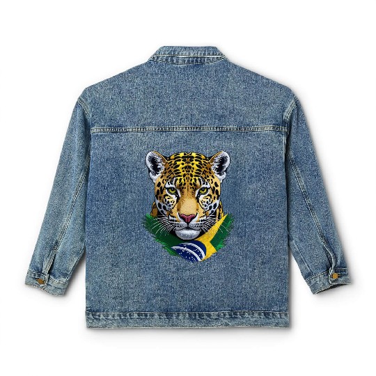 Brazil Jaguar Head Green Yellow Blue National Flag Classic Women's Denim Jackets