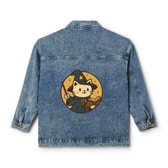 Whimsical Cat Wizard in Starry Night Classic Women's Denim Jackets