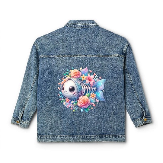 Whimsical Fish Skeleton with Floral Accents Classic Women's Denim Jackets