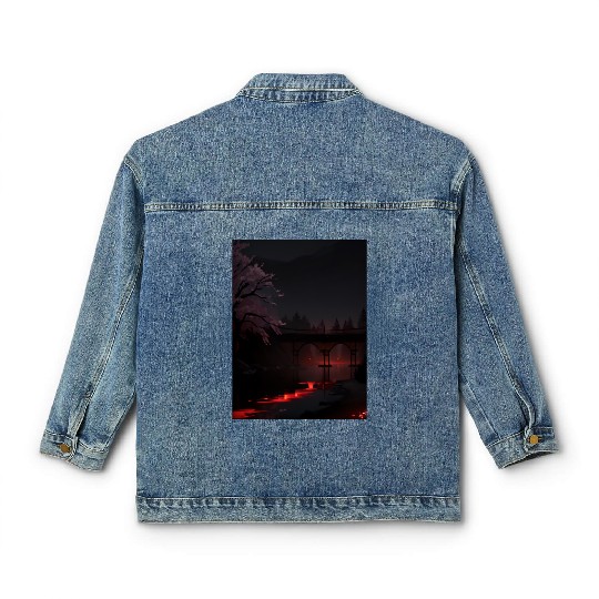 Nighttime Bridge and Cherry Blossom Scene Classic Women's Denim Jackets