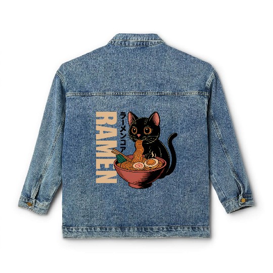 Black Cat Ramen Illustration Classic Women's Denim Jackets