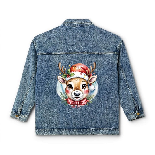 Cute Rudolph Reindeer Watercolor Christmas Art Classic Women's Denim Jackets