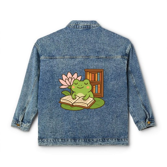 Serene Frog Reading Book Under Lotus Classic Women's Denim Jackets
