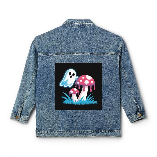 Whimsical Ghost and Mushrooms Illustration Classic Women's Denim Jackets