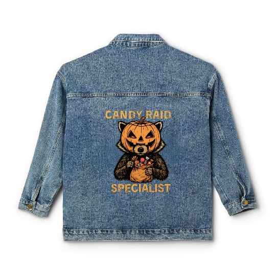 Candy Raid Specialist Halloween Raccoon Pumpkin Classic Women's Denim Jackets