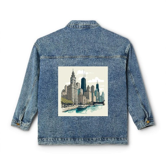 Chicago Skyline with Lake Michigan View Classic Women's Denim Jackets