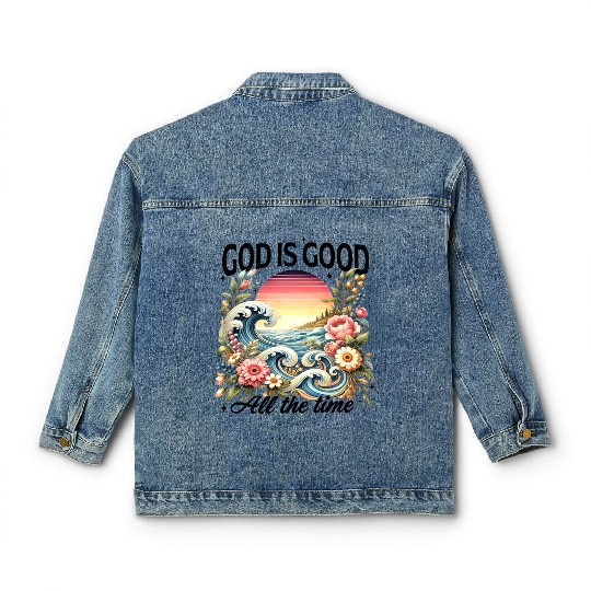 Elegant Wave and Floral Sunset Scene - GOD IS GOOD Classic Women's Denim Jackets