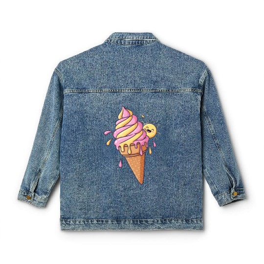 Whimsical Ice Cream Cone with Happy Sun Classic Women's Denim Jackets
