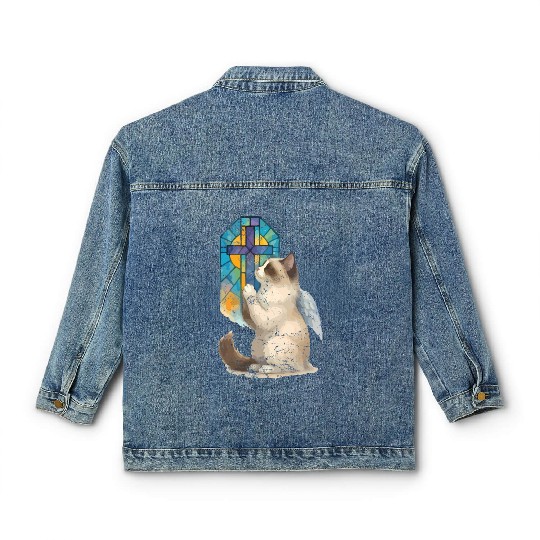 Celestial Cat with Stained Glass Cross Classic Women's Denim Jackets