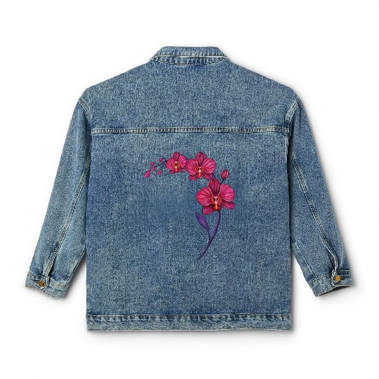 Elegant Violet Pink Orchid Flower Branch Design Classic Women's Denim Jackets