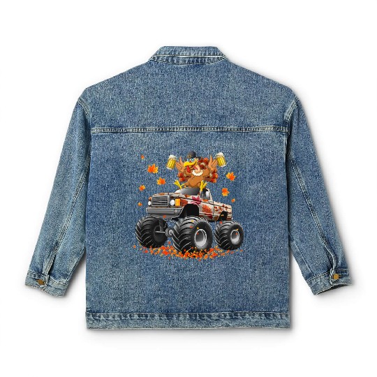 Thanksgiving Beer Turkey Riding Monster Truck  Classic Women's Denim Jackets
