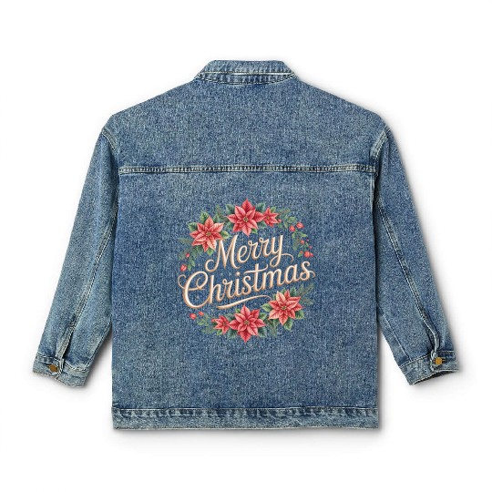 Elegant Poinsettia Wreath Merry Christmas Script Classic Women's Denim Jackets