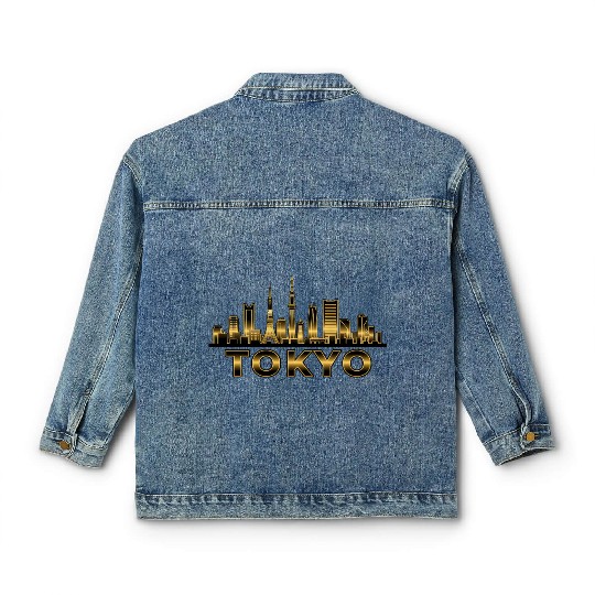 Elegant Tokyo Skyline Gold Line Art Classic Women's Denim Jackets