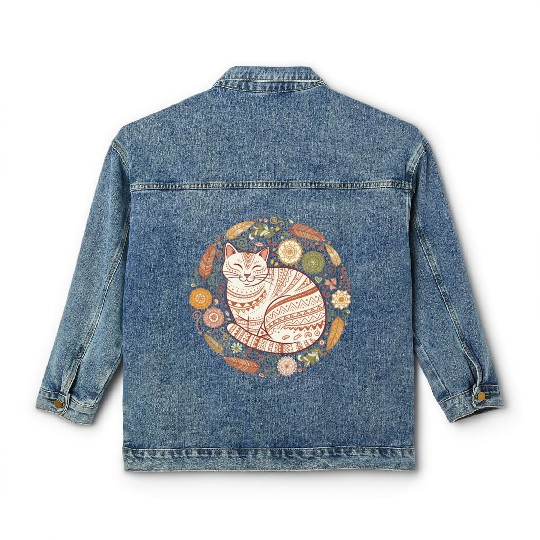 Boho Cat – Cozy Mandala Feather Circle Classic Women's Denim Jackets