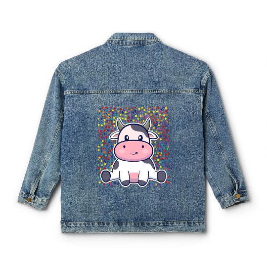 Cute Cartoon Cow with Polka Dots Classic Women's Denim Jackets