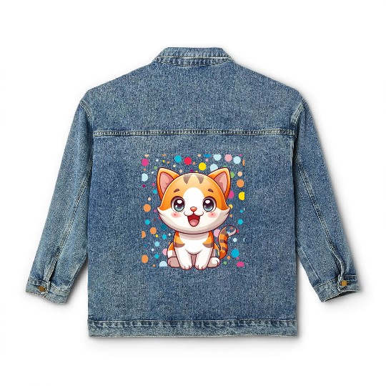 Adorable Cartoon Cute Cat Polka Dots  Classic Women's Denim Jackets