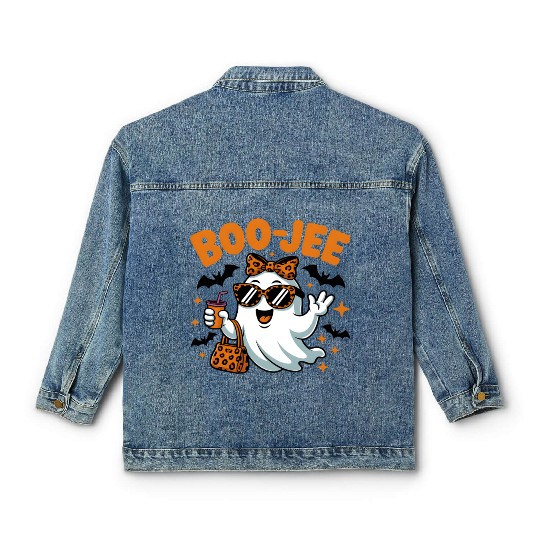 Boo-Jee Ghost Cute Leopard Print Halloween Boojee Classic Women's Denim Jackets