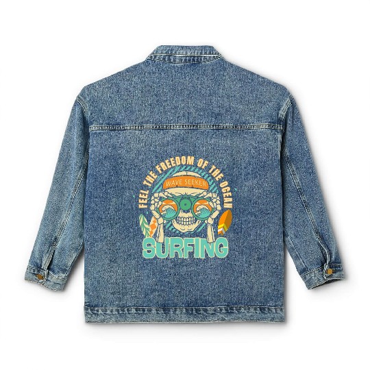 Wave Seeker Surfing Skull Design Classic Women's Denim Jackets