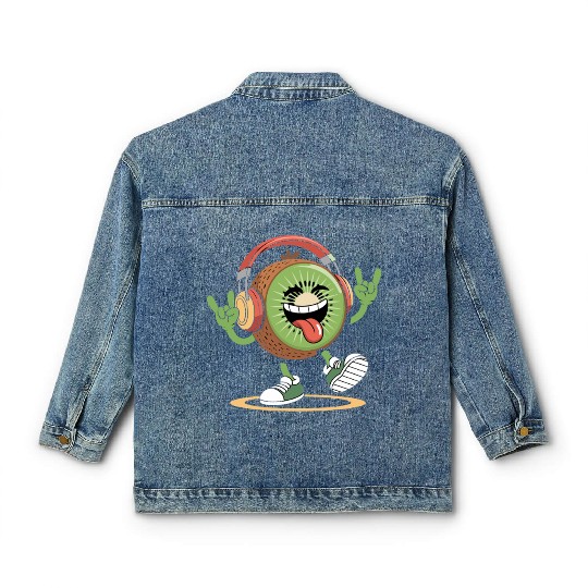 Playful Kiwi Cartoon with Headphones Classic Women's Denim Jackets
