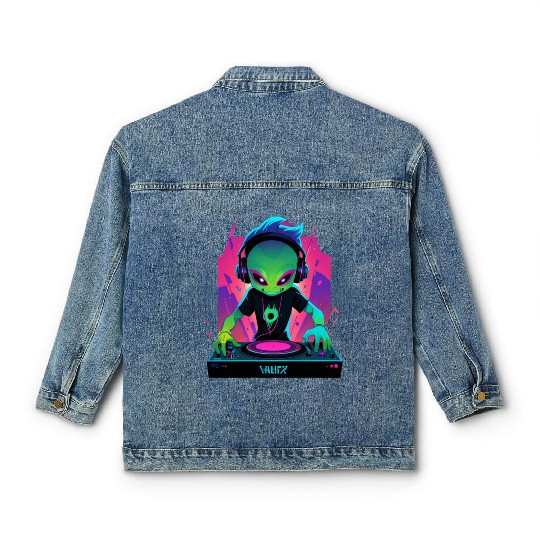 A cute chibi-style alien dark DJ Classic Women's Denim Jackets
