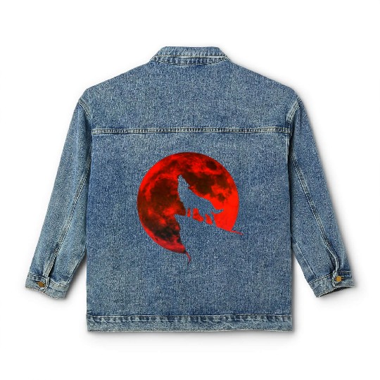 Howling wolf full blood moon space galaxy gift dog Classic Women's Denim Jackets