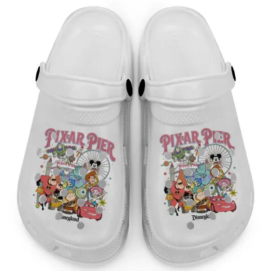 Vintage Pixar Pier Disneyland Clogs, Disneyland Pixar Fest 2024 Clogs, Meet me at Pixar Pier Disney Pixar Characters