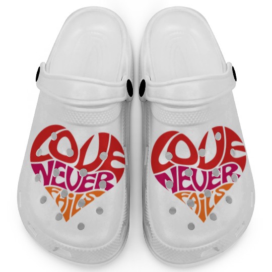 Love Never Fails, Heart, Christian, Bible Verse Clogs
